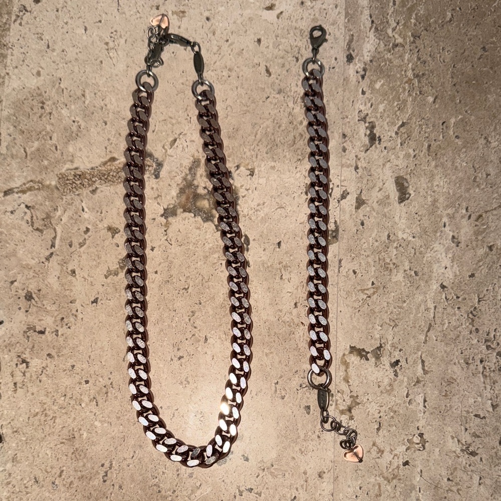 Sabika Punctuated Pink Tone Chain Necklace and Bracelet Set